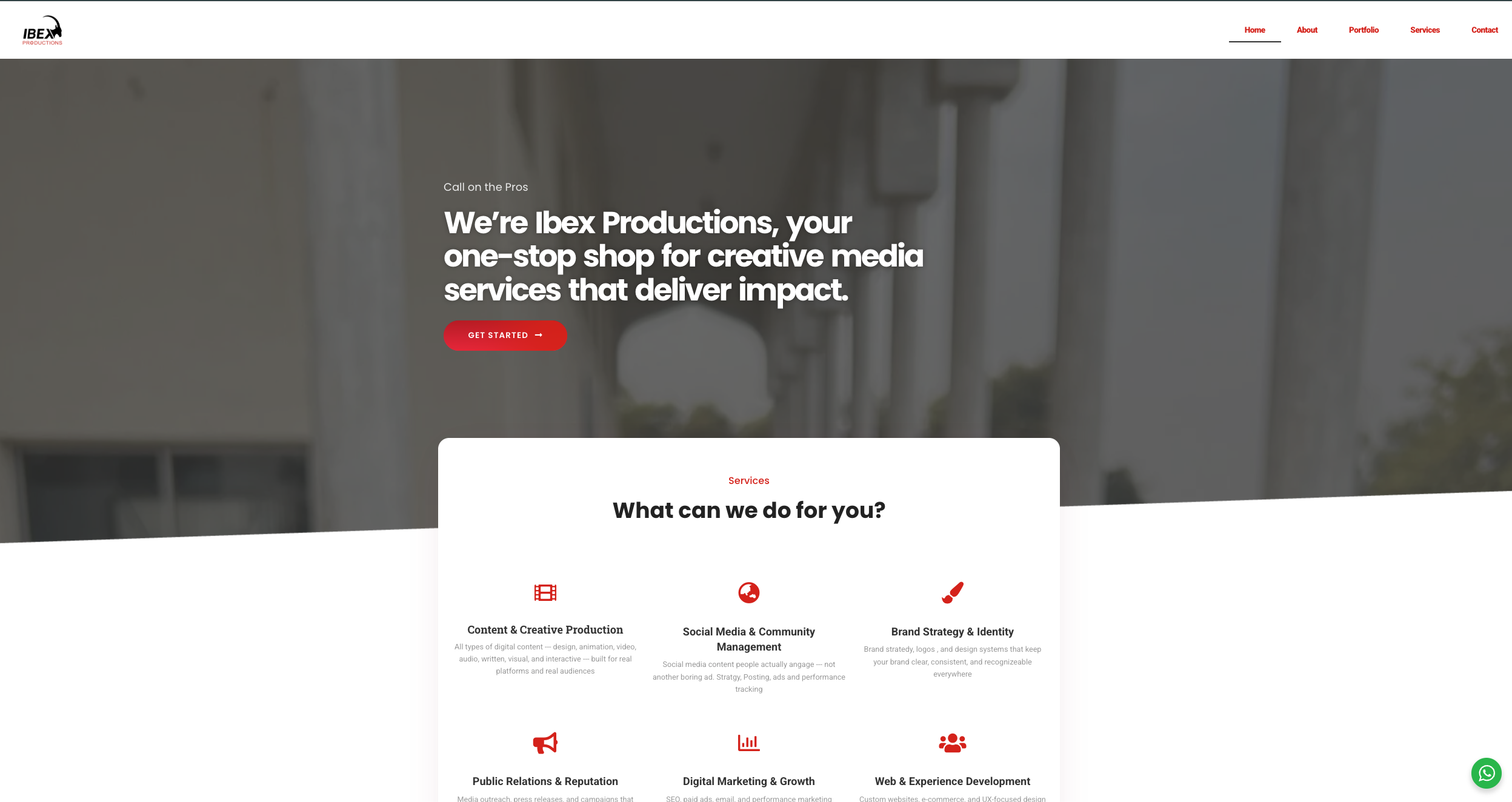 Hero section of the Ibex Productions website